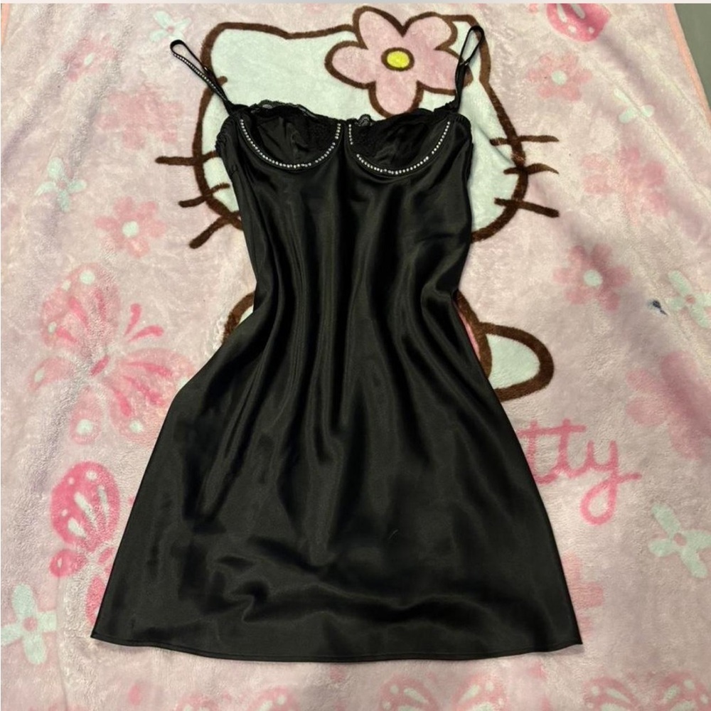 ˚⟡˖ ࣪  victoria’s secret black silk mini slip dress with rhinestones